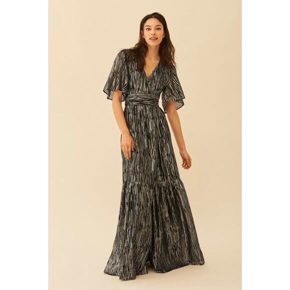 BA&SH Black Gold Metallic V-Neckline Nixon Short Sleeve Maxi Dress Size US 6 - Picture 1 of 16